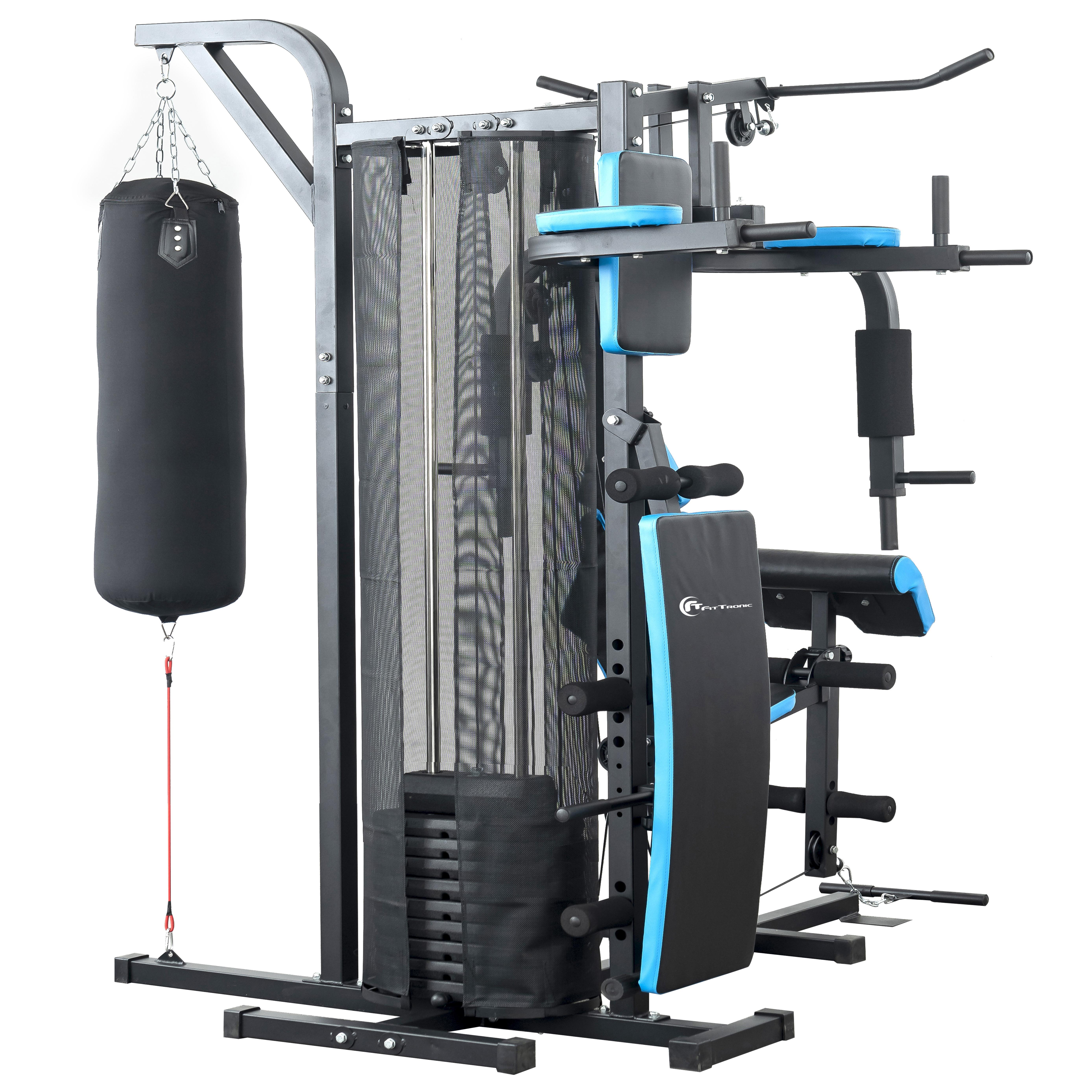 Aparat multifunctional FitTronic® Atletic 480, 66 kg incluse, greutate maxima utilizator 120 kg, banca cu gantere, sac de box, aparat tractiuni, suport biceps, bara tractiuni