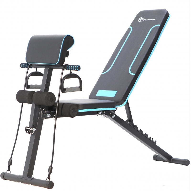 Banca de exercitii reglabila FitTronic Atletic B240, greutate suportata 120 kg, banca scott inclusa, corzi pentru brate