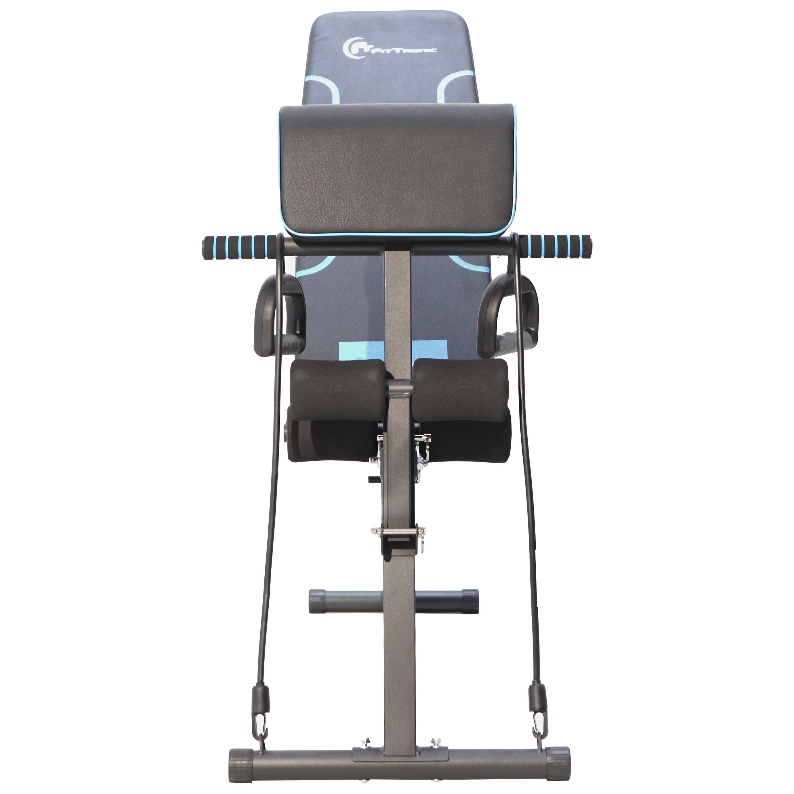 Banca de exercitii reglabila FitTronic Atletic B240, greutate suportata 120 kg, banca scott inclusa, corzi pentru brate