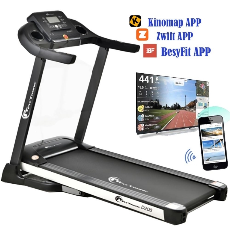 Banda de alergare electrica FitTronic® Delta 200, motor 2.5CP, viteza maxima 14 km, autolubrifiere, arcuri pentru amortizare, bluetooth, Kinomap, Zwift, Besyfit