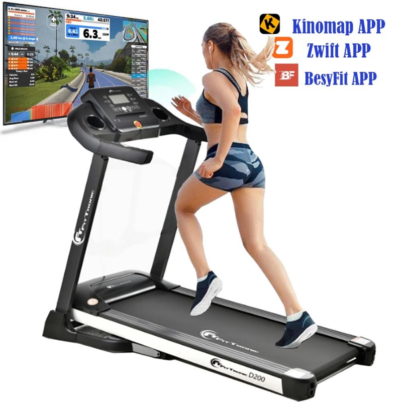 Banda de alergare electrica FitTronic® Delta 200, motor 2.5CP, viteza maxima 14 km, autolubrifiere, arcuri pentru amortizare, bluetooth, Kinomap, Zwift, Besyfit