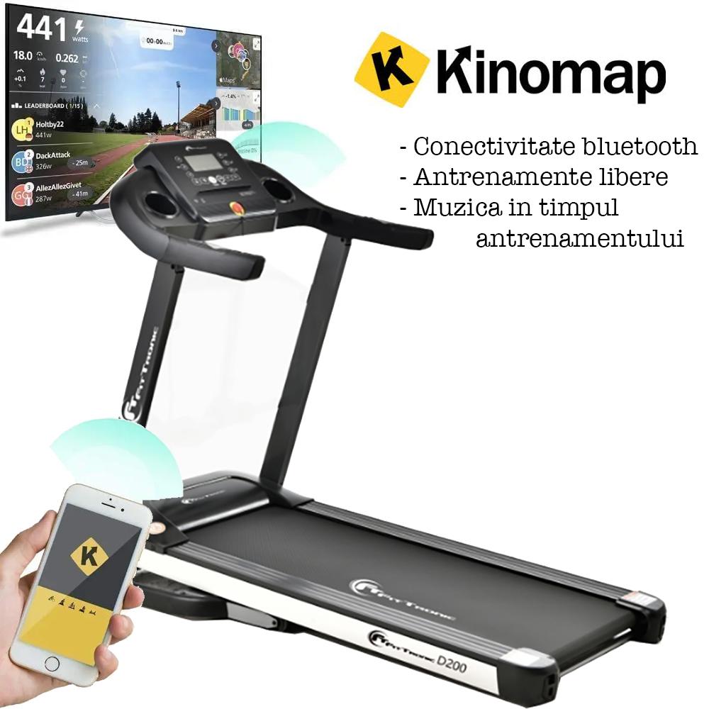Banda de alergare electrica FitTronic® Delta 200, motor 2.5CP, viteza maxima 14 km, autolubrifiere, arcuri pentru amortizare, bluetooth, Kinomap, Zwift, Besyfit