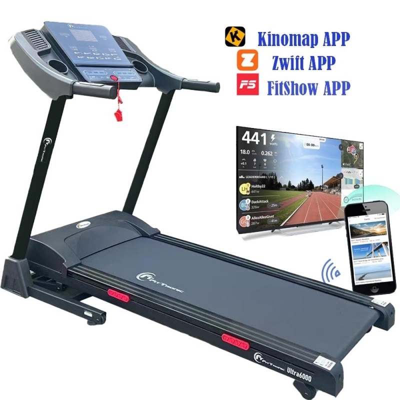 Banda de alergare electrica FitTronic Ultra 6000 motor 3.0 CP, inclinatre electrica 15%, greutate suportata 130 kg, aplicatia Fitshow App, intrare MP3, conectare bluetooth	