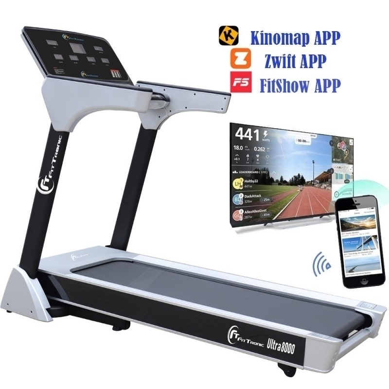 Banda de alergare electrica FitTronic Ultra 8000, motor 4.0 CP, inclinatie electrica 20%, viteza pana la 20km/h, greutate suportata 140 kg, Apps Fitshow, Kinomap, Zwift