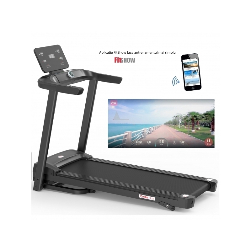 Banda de alergat Bodyfit Z5500, motor de 2.5 CP, greutate suportata de 120 kg, viteza 14 km/h, display LED cu mai multe functii, Fitshow, Kinomap, Zwift