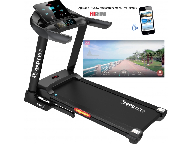 Banda de alergat electrica BodyFit A3000, motor 3 CP, inclinatie electrica 15%, viteza 16 km/h, MP3, USB, Fitshow App