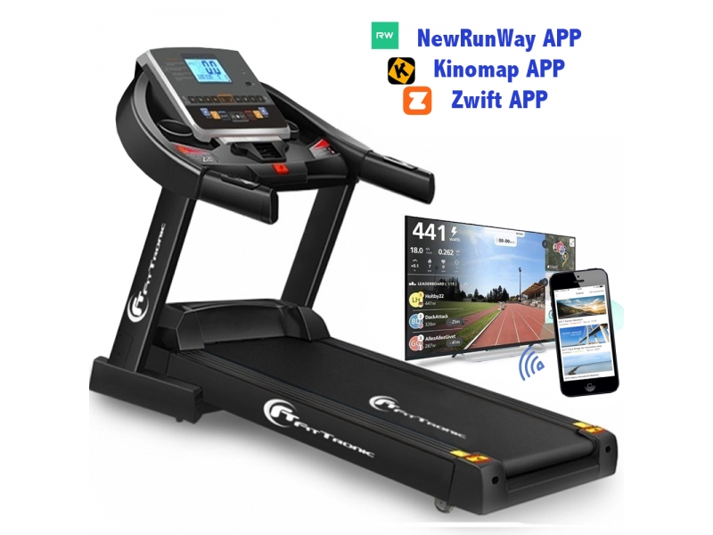 Banda de alergat electrica FitTronic Delta 550, Motor 4.0 CP, greutate suportata 140 kg, acum 3 aplicatii Kinomap, Zwift, Newrunway, inclinatie automata 18%, viteza pana la 18km/h, pliabila, intrare USB si MP3 player, programe presetate