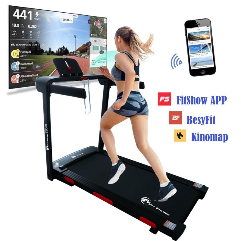 Banda de alergat electrica FitTronic Delta 5000, motor 3.0 CP, inclinatie 25%, greutate suportata 150 kg,viteza pana la 18 km/h, suprafata alergare 120x50cm,  Aplicatii Kinomap, Zwift, Besyfit