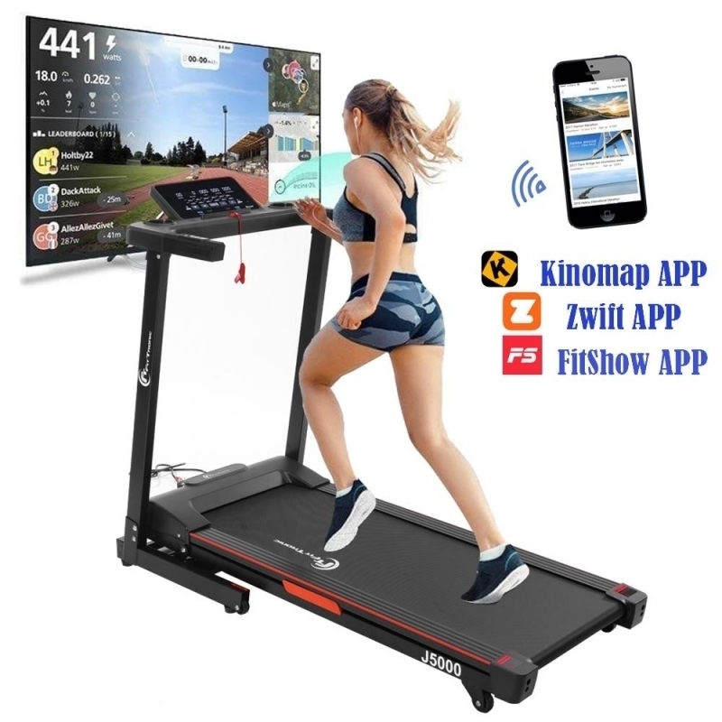 Banda de alergat electrica FitTronic J5000 motor 2.0 CP, inclinare electrica 15%, greutate suportata 110 kg, aplicatia Fitshow Kinomap Zwift App, intrare MP3, conectare bluetooth	