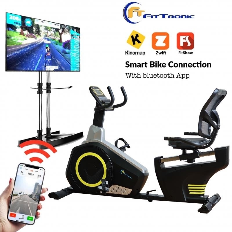 Bicicleta magnetica orizontala FitTronic 609R, Apps Zwift, Kinomap, Fitshow, 12 kg volanta, 130 kg greutate suportata RESIGILAT