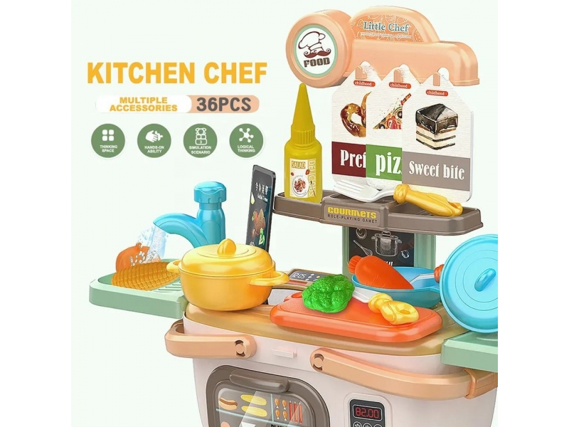 Bucatarie 2 in 1 AliBibi cu vesela, alimente si chiuveta