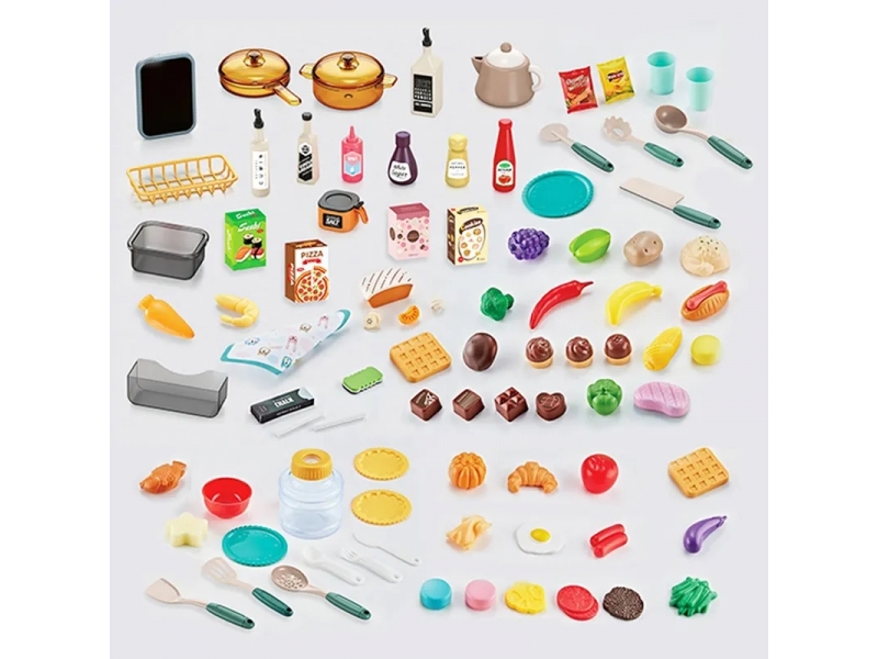 Bucatarie multifunctionala AliBibi, cu aburi, vesela pentru gatit si alte accesorii, 93 piese, 96 cm