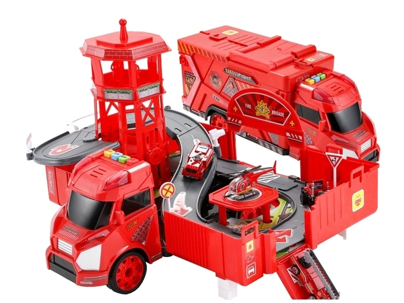 Camion 2 in1 transformers AliBibi, set garaj cu 3 masinute si un elicopter inclus
