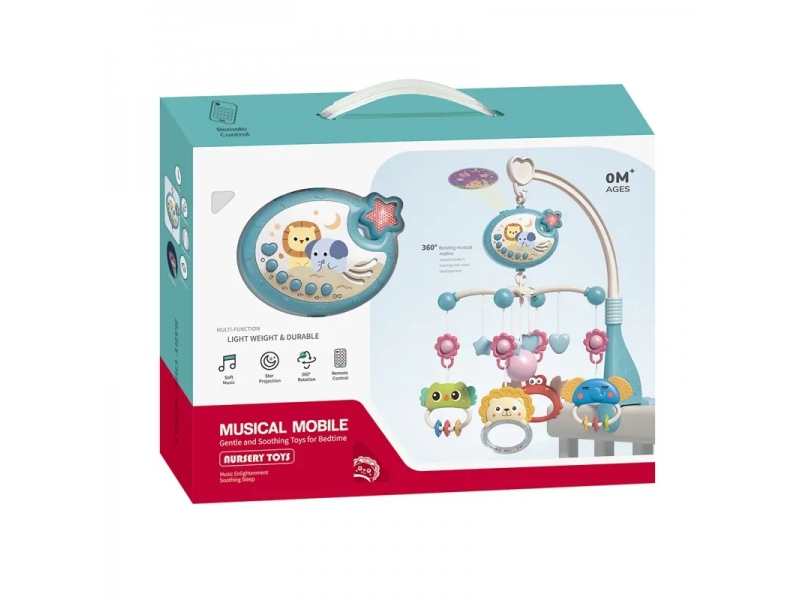 Carusel muzical AliBibi cu proiectii luminoase, 400 melodii, rotatie 360 grade, accesorii incluse, telecomanda, culoare bleu