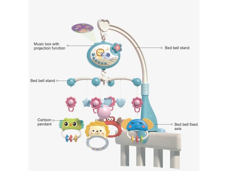 Carusel muzical AliBibi cu proiectii luminoase, 400 melodii, rotatie 360 grade, accesorii incluse, telecomanda, culoare bleu