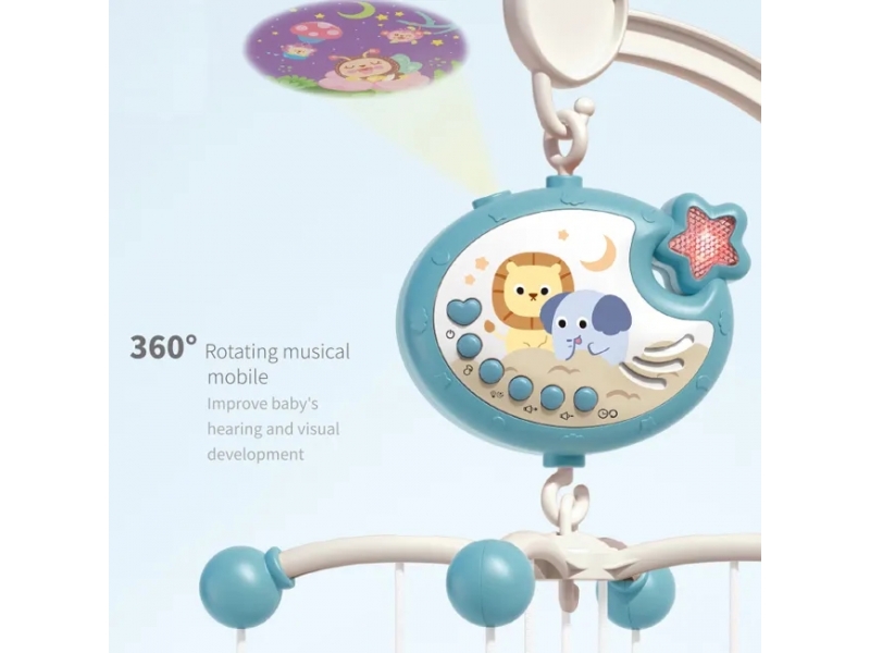 Carusel muzical AliBibi cu proiectii luminoase, 400 melodii, rotatie 360 grade, accesorii incluse, telecomanda, culoare bleu