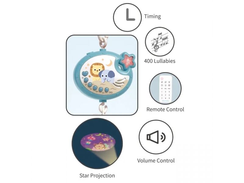 Carusel muzical AliBibi cu proiectii luminoase, 400 melodii, rotatie 360 grade, accesorii incluse, telecomanda, culoare bleu