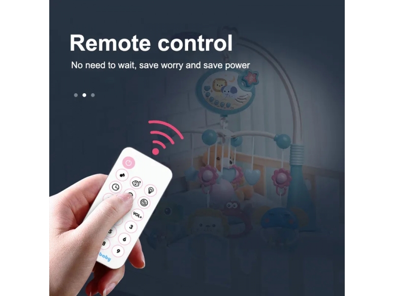 Carusel muzical AliBibi cu proiectii luminoase, 400 melodii, rotatie 360 grade, accesorii incluse, telecomanda, culoare bleu