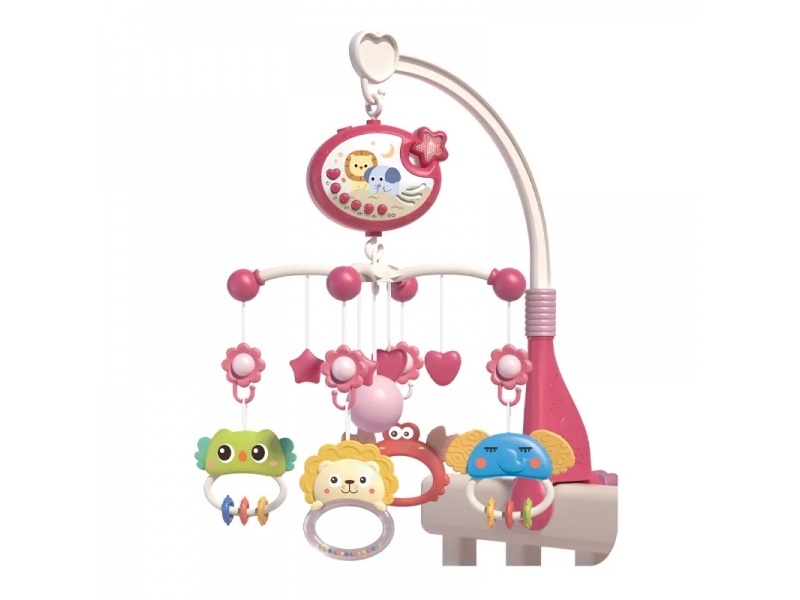 Carusel muzical AliBibi cu proiectii luminoase, 400 melodii, rotatie 360 grade, accesorii incluse, telecomanda, culoare roz