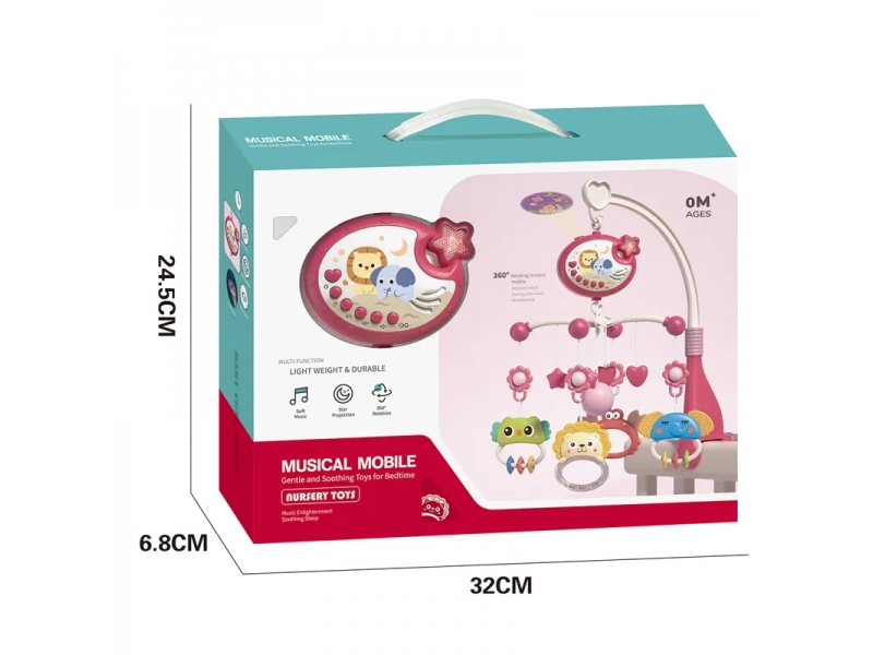 Carusel muzical AliBibi cu proiectii luminoase, 400 melodii, rotatie 360 grade, accesorii incluse, telecomanda, culoare roz