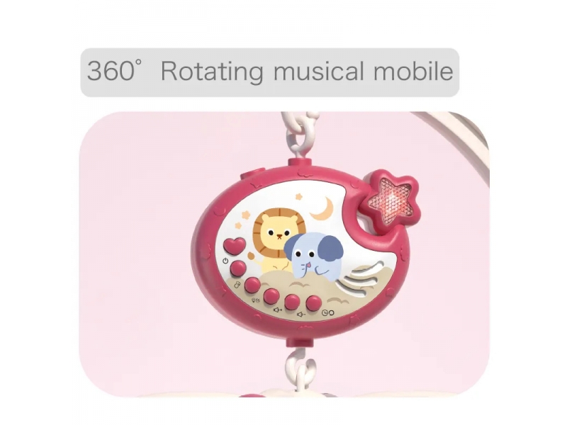 Carusel muzical AliBibi cu proiectii luminoase, 400 melodii, rotatie 360 grade, accesorii incluse, telecomanda, culoare roz