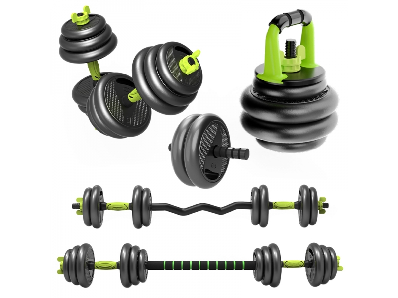 Set gantere reglabile kettlebell FitTronic 5 in 1 de 40 kg ZK40, cu bara curbata Z, bara dreapta, roata de abdomen si o multitudine de combinatii posibile
