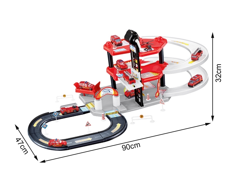 Garaj de masini multifunctional Alibibi cu patru masinute si un elicopter inclus