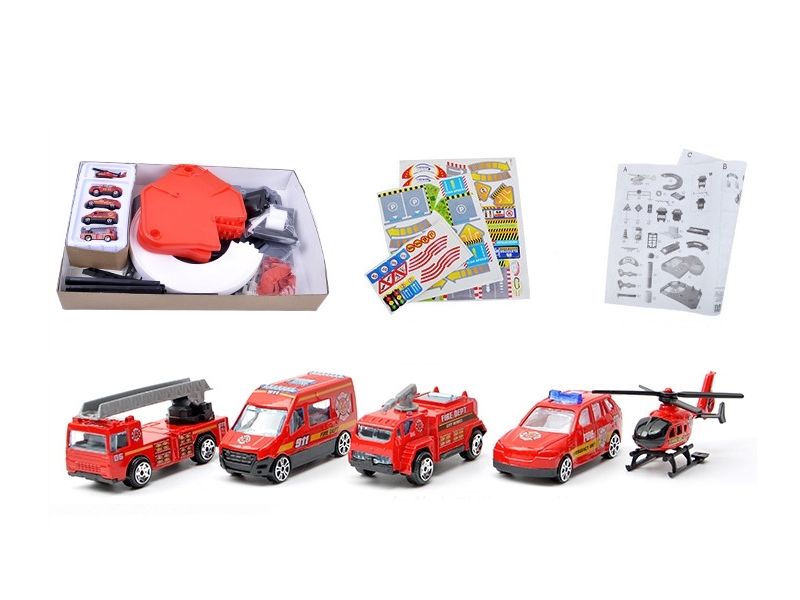 Garaj de masini multifunctional Alibibi cu patru masinute si un elicopter inclus