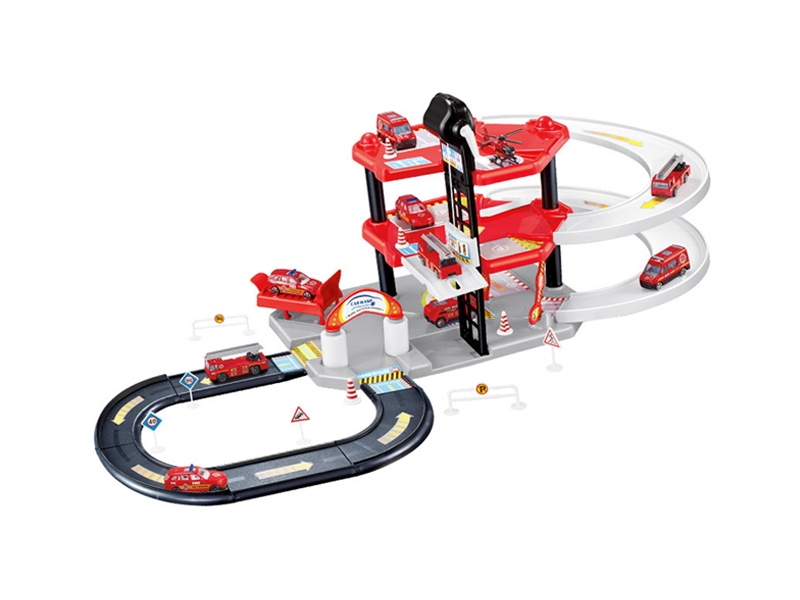 Garaj de masini multifunctional Alibibi cu patru masinute si un elicopter inclus