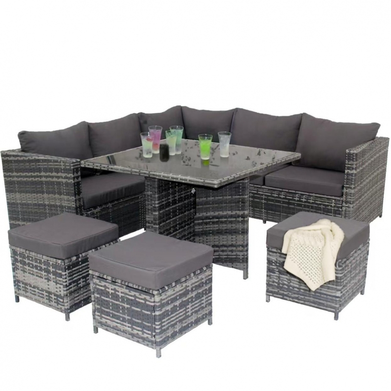 Mobilier de gradina DeHome MG960G, 8 locuri, coltar, tabureti, masa patrata, culoare gri