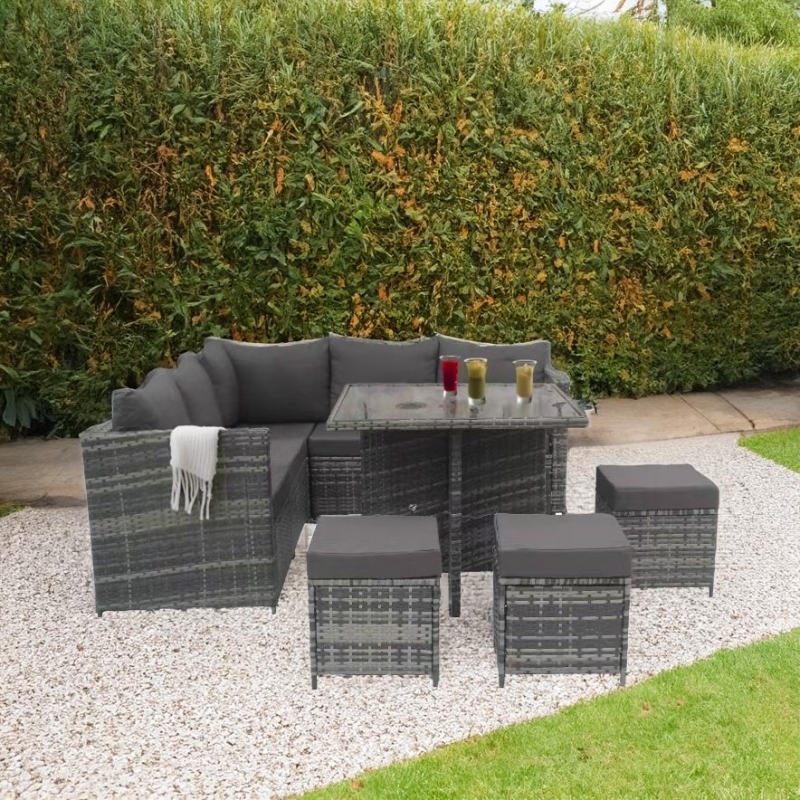 Mobilier de gradina DeHome MG960G, 8 locuri, coltar, tabureti, masa patrata, culoare gri