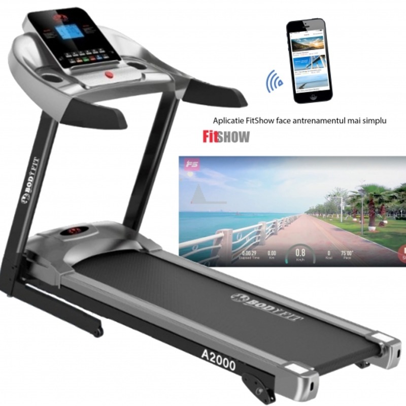 Banda de alergat electrica BodyFit A2000, greutate suportata 130 kg, motor 2.5 CP, Fitshow app