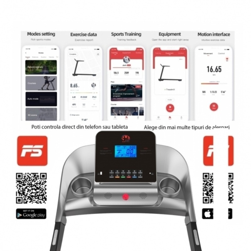 Banda de alergat electrica BodyFit A2000, greutate suportata 130 kg, motor 2.5 CP, Fitshow app