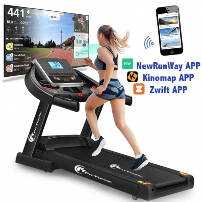Banda de alergat electrica FitTronic Delta 550, Motor 4.0 CP, greutate suportata 140 kg, acum 3 aplicatii Kinomap, Zwift, Newrunway, inclinatie automata 18%, viteza pana la 18km/h, pliabila, intrare USB si MP3 player, programe presetate