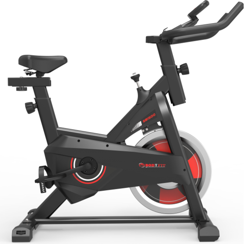 Bicicleta spinning BodyFit SB1500, afisaj electronic, volanta 7 kg, suport tableta