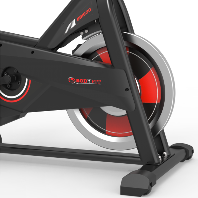 Bicicleta spinning BodyFit SB1500, afisaj electronic, volanta 7 kg, suport tableta