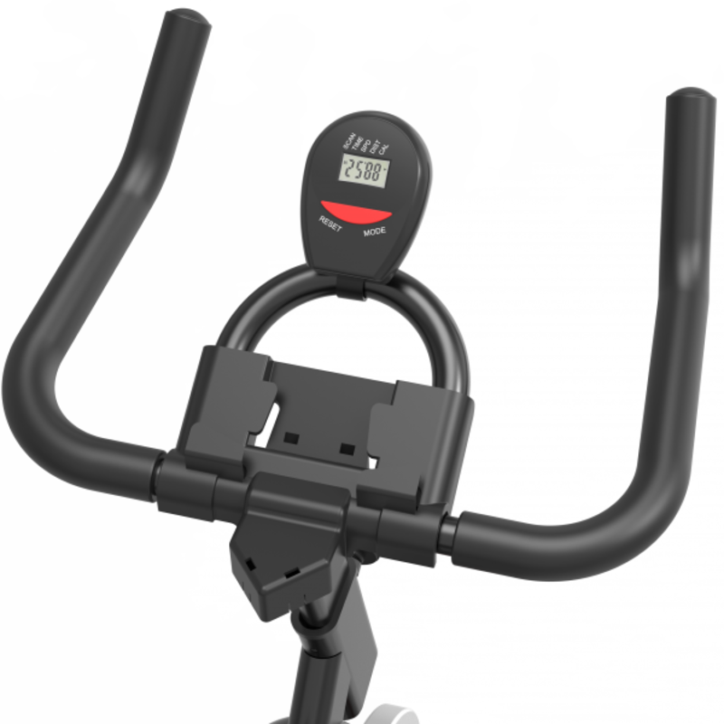 Bicicleta spinning BodyFit SB1500, afisaj electronic, volanta 7 kg, suport tableta