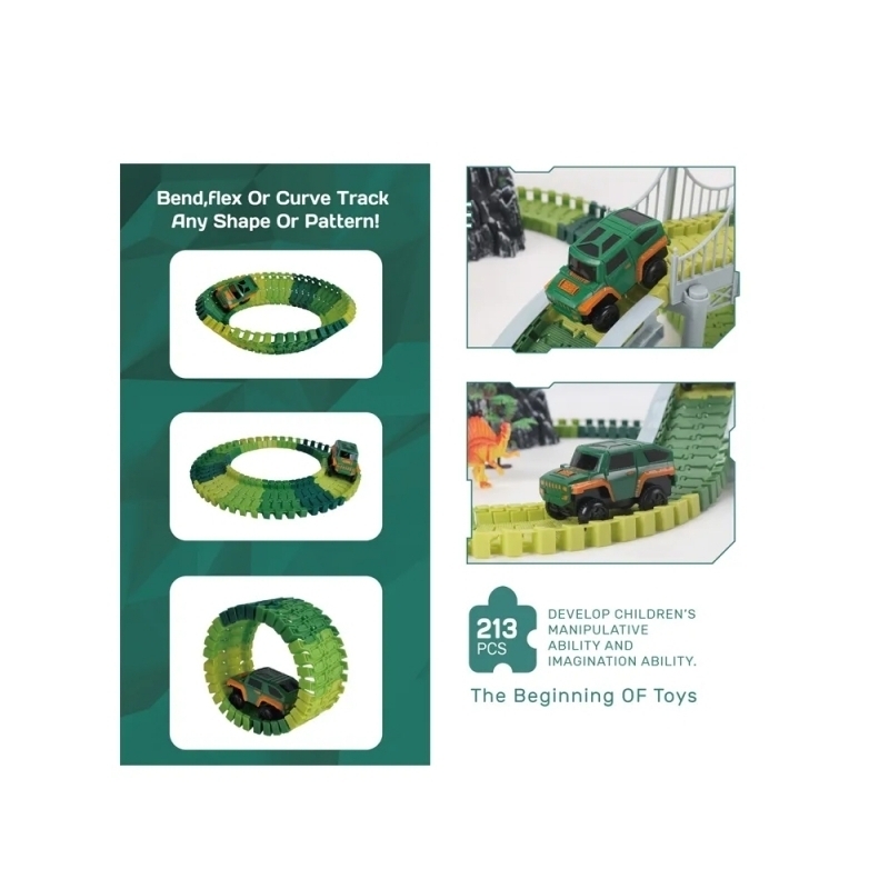 Pista de masini AliBibi cu dinozauri, 213 piese incluse, doua masinute, figurine cu dinozauri