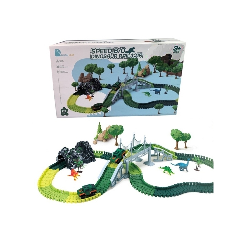 Pista de masini AliBibi cu dinozauri, 213 piese incluse, doua masinute, figurine cu dinozauri