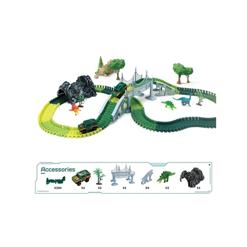 Pista de masini AliBibi cu dinozauri, 213 piese incluse, doua masinute, figurine cu dinozauri