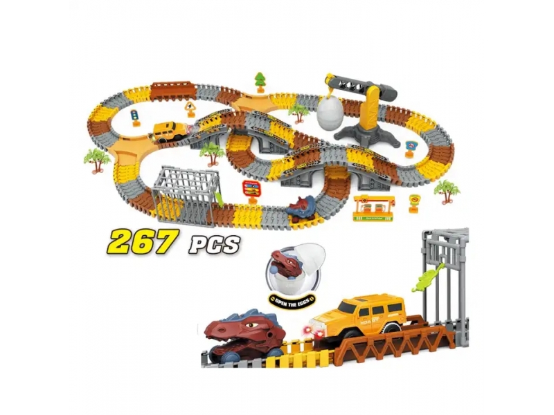 Pista de masini AliBibi cu dinozauri, 271 piese incluse, doua masinute, figurine cu dinozauri, macara