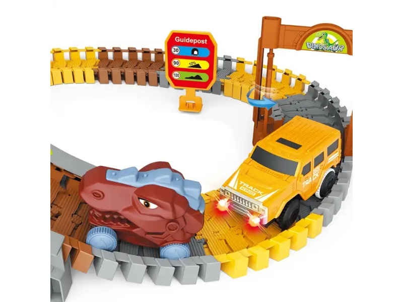 Pista de masini AliBibi cu dinozauri, 271 piese incluse, doua masinute, figurine cu dinozauri, macara