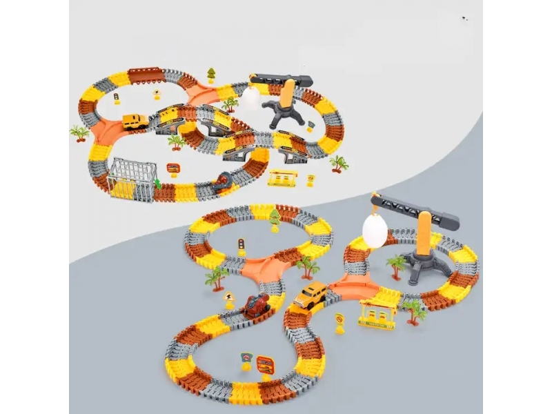 Pista de masini AliBibi cu dinozauri, 271 piese incluse, doua masinute, figurine cu dinozauri, macara