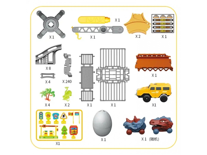 Pista de masini AliBibi cu dinozauri, 271 piese incluse, doua masinute, figurine cu dinozauri, macara