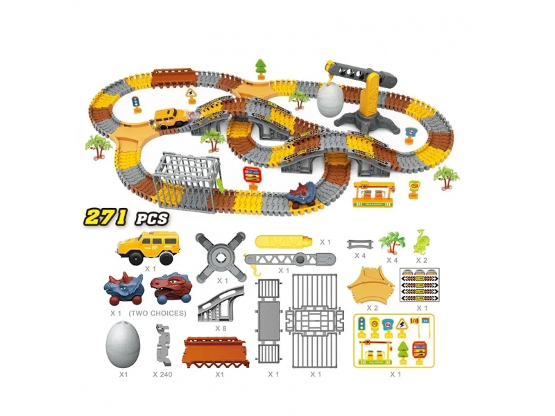 Pista de masini AliBibi cu dinozauri, 271 piese incluse, doua masinute, figurine cu dinozauri, macara