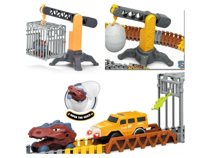 Pista de masini AliBibi cu dinozauri, 271 piese incluse, doua masinute, figurine cu dinozauri, macara