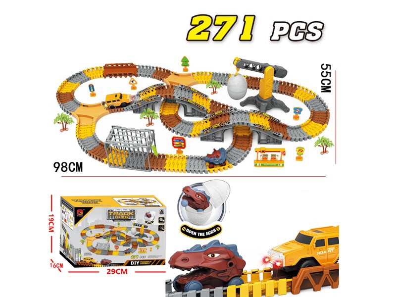 Pista de masini AliBibi cu dinozauri, 271 piese incluse, doua masinute, figurine cu dinozauri, macara