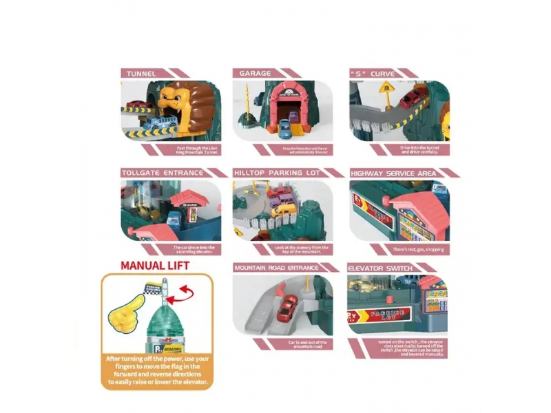 Pista de masini supraetajata AliBibi, masinute incluse, tunel cu leu, lift automat, parcare si service auto