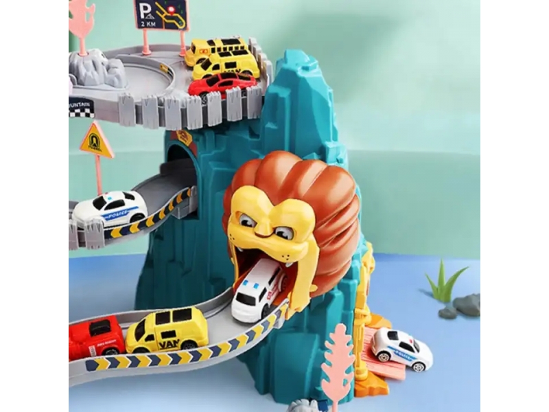 Pista de masini supraetajata AliBibi, masinute incluse, tunel cu leu, lift automat, parcare si service auto