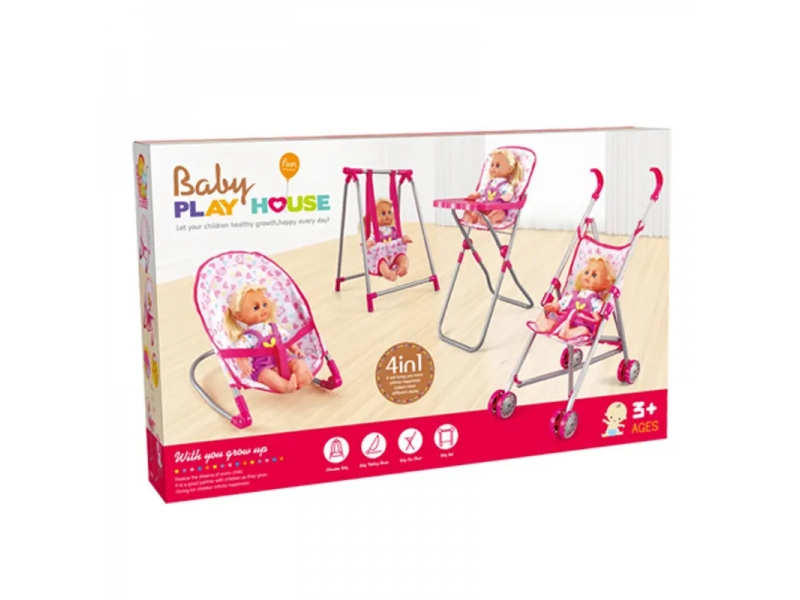 Set 4 in 1 Papusa AliBIbi, cu scaun, leagan, carucior si scaun de masa